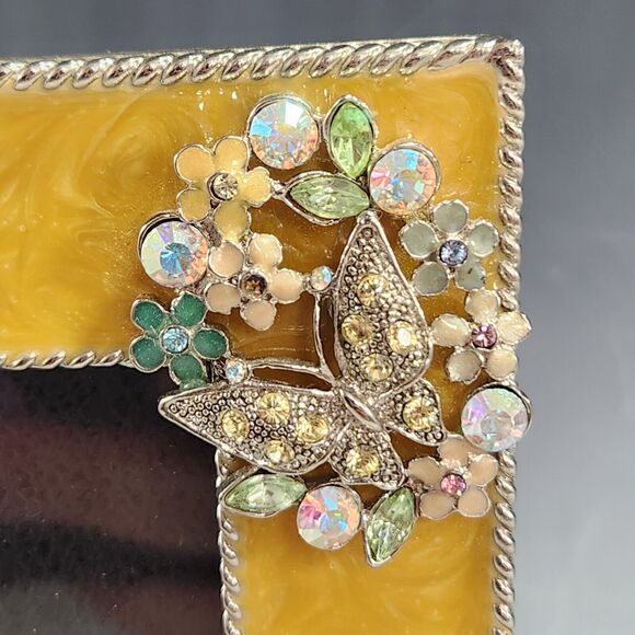 DSG Metal Enamel Frame 4.5/3" Picture Rhinestone Butterfly Flower Bouquet Glitzy - Picture 3 of 5